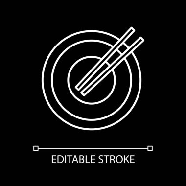 Empty dish with chopsticks white linear icon for dark theme. Eaten noodles. Asian cuisine. Thin line customizable illustration. Isolated vector contour symbol for night mode. Editable stroke
