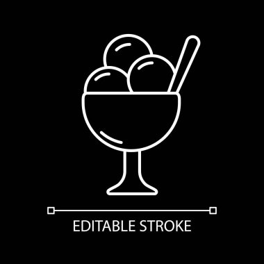 Ice cream in bowl white linear icon for dark theme. Sundae treat. Gelato scoops in cup. Thin line customizable illustration. Isolated vector contour symbol for night mode. Editable stroke