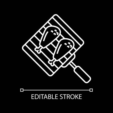 Grilling chicken drumsticks white linear icon for dark theme. Barbecue party. BBQ cookery. Thin line customizable illustration. Isolated vector contour symbol for night mode. Editable stroke