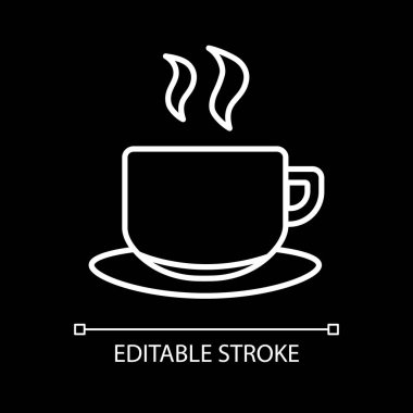 Hot tea mug white linear icon for dark theme. Steaming drink in mug. Coffee with scent. Thin line customizable illustration. Isolated vector contour symbol for night mode. Editable stroke