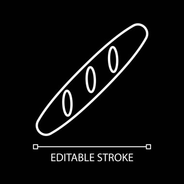 French baguette white linear icon for dark theme. Bread loaf. Bakery foodstuff. Eat food. Thin line customizable illustration. Isolated vector contour symbol for night mode. Editable stroke