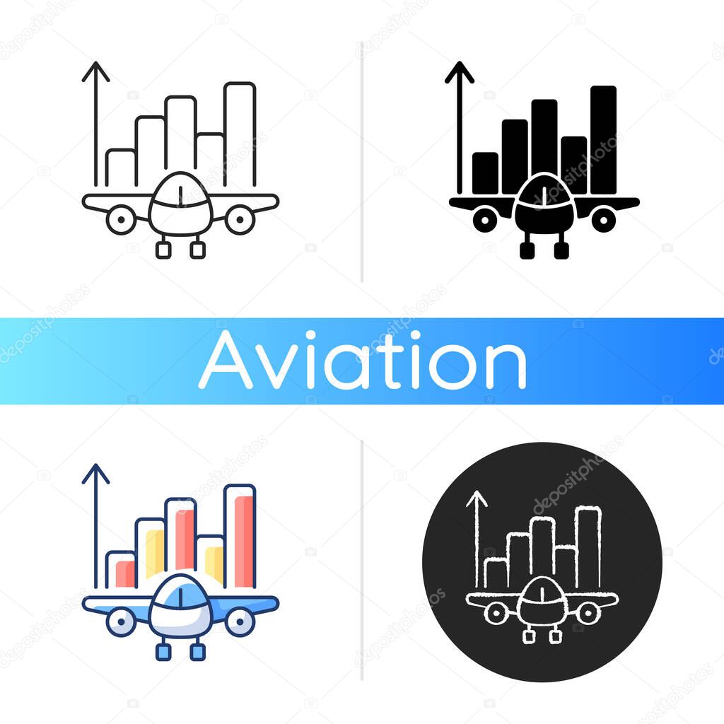Aviation analytics icon. Civil aviation management. Service quality improvement. Airlines improvement. Company budget optimization. Linear black and RGB color styles. Isolated vector illustrations