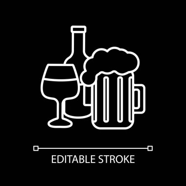 Alcohol drinks white linear icon for dark theme. Beer and wine. Alcoholic beverage. Bar menu. Thin line customizable illustration. Isolated vector contour symbol for night mode. Editable stroke