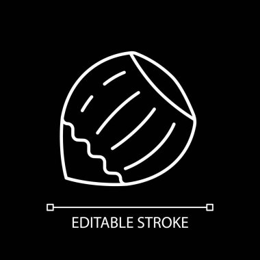 Hazelnut white linear icon for dark theme. Nut for healthy eating. Kernel from shell. Diet product. Thin line customizable illustration. Isolated vector contour symbol for night mode. Editable stroke