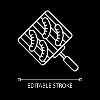 Grilling sausages white linear icon for dark theme. Roasted meat. Barbecue picnic food. Thin line customizable illustration. Isolated vector contour symbol for night mode. Editable stroke