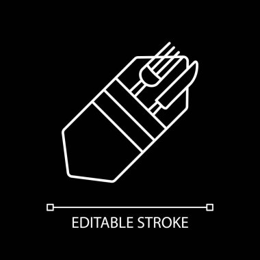 Tableware white linear icon for dark theme. Cutlery for food serving. Kitchen appliance. Thin line customizable illustration. Isolated vector contour symbol for night mode. Editable stroke