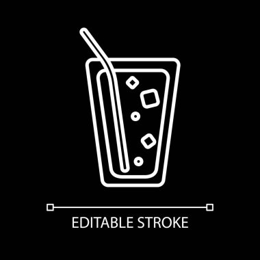 Cold drink white linear icon for dark theme. Iced soda in glass with straw. Fizzy cocktail. Thin line customizable illustration. Isolated vector contour symbol for night mode. Editable stroke