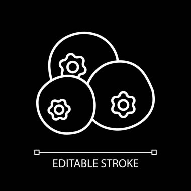 Blueberries white linear icon for dark theme. Fresh fruits. Nutrient berries. Vitamin food. Thin line customizable illustration. Isolated vector contour symbol for night mode. Editable stroke