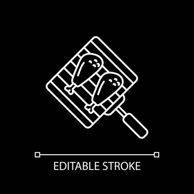 Grilling chicken drumsticks white linear icon for dark theme. Roasting meat. Barbecue cooking. Thin line customizable illustration. Isolated vector contour symbol for night mode. Editable stroke