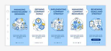 Top management tasks onboarding vector template. Managing stakeholders demands. Defining company goals. Responsive mobile website with icons. Webpage walkthrough step screens. RGB color concept