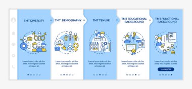 Top management team analysis criteria onboarding vector template. TMT educational and functional background. Responsive mobile website with icons. Webpage walkthrough step screens. RGB color concept