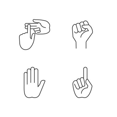 Hand gestures linear icons set. Raised fist. Stop doing something sign. Index finger up. Customizable thin line contour symbols. Isolated vector outline illustrations. Editable stroke
