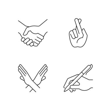 Hand gestures linear icons set. Business deal, handshake. Crossed arms and fingers. Body language. Customizable thin line contour symbols. Isolated vector outline illustrations. Editable stroke