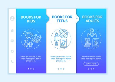 Several kinds of literature onboarding vector template. Books for adults and kids. Non fiction literature. Responsive mobile website with icons. Webpage walkthrough step screens. RGB color concept