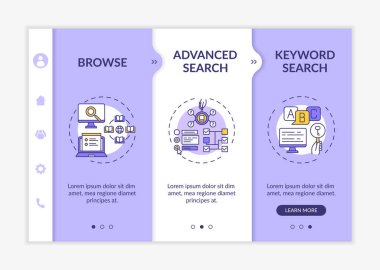 Online library search types onboarding vector template. Optimizing browsing and advanced search. Responsive mobile website with icons. Webpage walkthrough step screens. RGB color concept