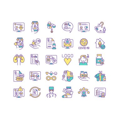 Buying medicine online RGB color icons set. Choose reputable pharmacies. Safe online pharmacy. Doctors prescription. Client data protection. Express delivery. Isolated vector illustrations