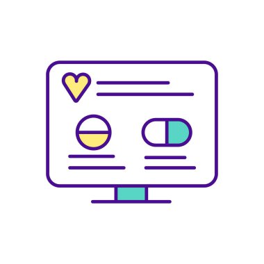 Computer screen with pills and capsules RGB color icon. Buying medicine online tips. Choose reputable pharmacies. Beware expired and fake medicines. Online pharmacy. Isolated vector illustration