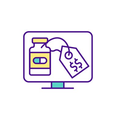 Online pharmacy RGB color icon. Packaging with medicines on the computer screen. Pills price. Tablet. Online medication order. Buying medicine online tips. Isolated vector illustration