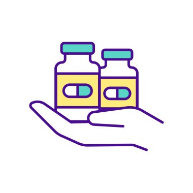 Available medicines RGB color icon. Hands hold medicine bottles. Getting pills and drugs from home. Buying medicine online tips. Online pharmacy avantages. Isolated vector illustration