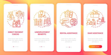 Unemployment benefits onboarding mobile app page screen with concepts. Assistance of rental walkthrough 4 steps graphic instructions. UI vector template with RGB color illustrations