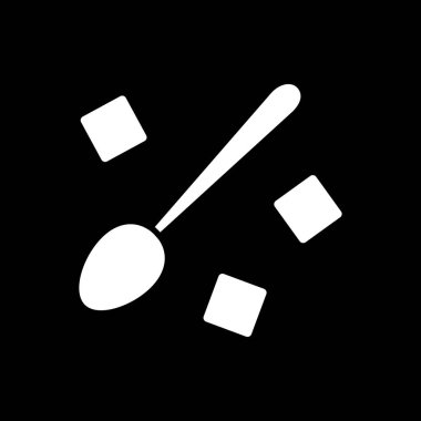 Spoon with sugar cubes dark mode glyph icon. Sweet ingredient. Kitchen utensil. Natural sweetener for cooking. Culinary and baking. White silhouette symbol on black space. Vector isolated illustration