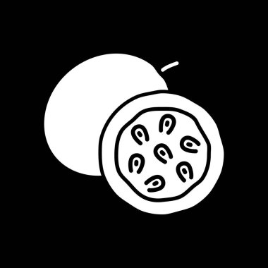 Passion fruit dark mode glyph icon. Cut maracuja. Tropical fresh food. Nourishment and nutrition. Hawaiin fruit. White silhouette symbol on black space. Vector isolated illustration