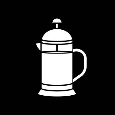 French press dark mode glyph icon. Tea brew. Alternative method of coffee preparation. Appliance to brew beverage. White silhouette symbol on black space. Vector isolated illustration