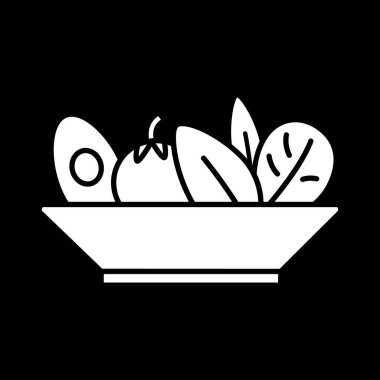 Salad bowl dark mode glyph icon. Healthy eating. Vegan meal. Vegetarian dish. Diet lunch. Dinner recipe. Dietary food. White silhouette symbol on black space. Vector isolated illustration