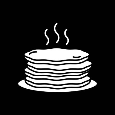 Stack of hot pancakes dark mode glyph icon. Serving breakfast food. Steaming warm meal. Diner menu. Serving lunch. White silhouette symbol on black space. Vector isolated illustration