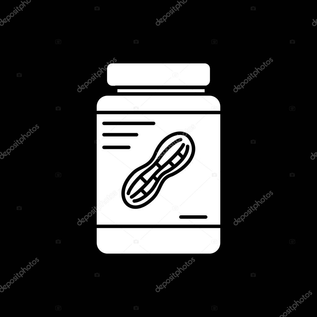 Peanut butter dark mode glyph icon. Nut paste in glass jar. Spread for toast. Nutrient food in container. Grocery and foodstuff. White silhouette symbol on black space. Vector isolated illustration