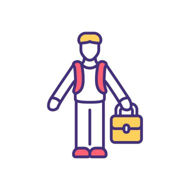 Gezgin RGB renk simgesi. Sırt çantası, yürüyüş. Bagaj harçlığını kontrol ettim. Yolculuk yapmak. Uluslararası uçuşlar. Açık hava eğlencesi. Hava yolculuğu için bavul. İzole vektör illüstrasyonu