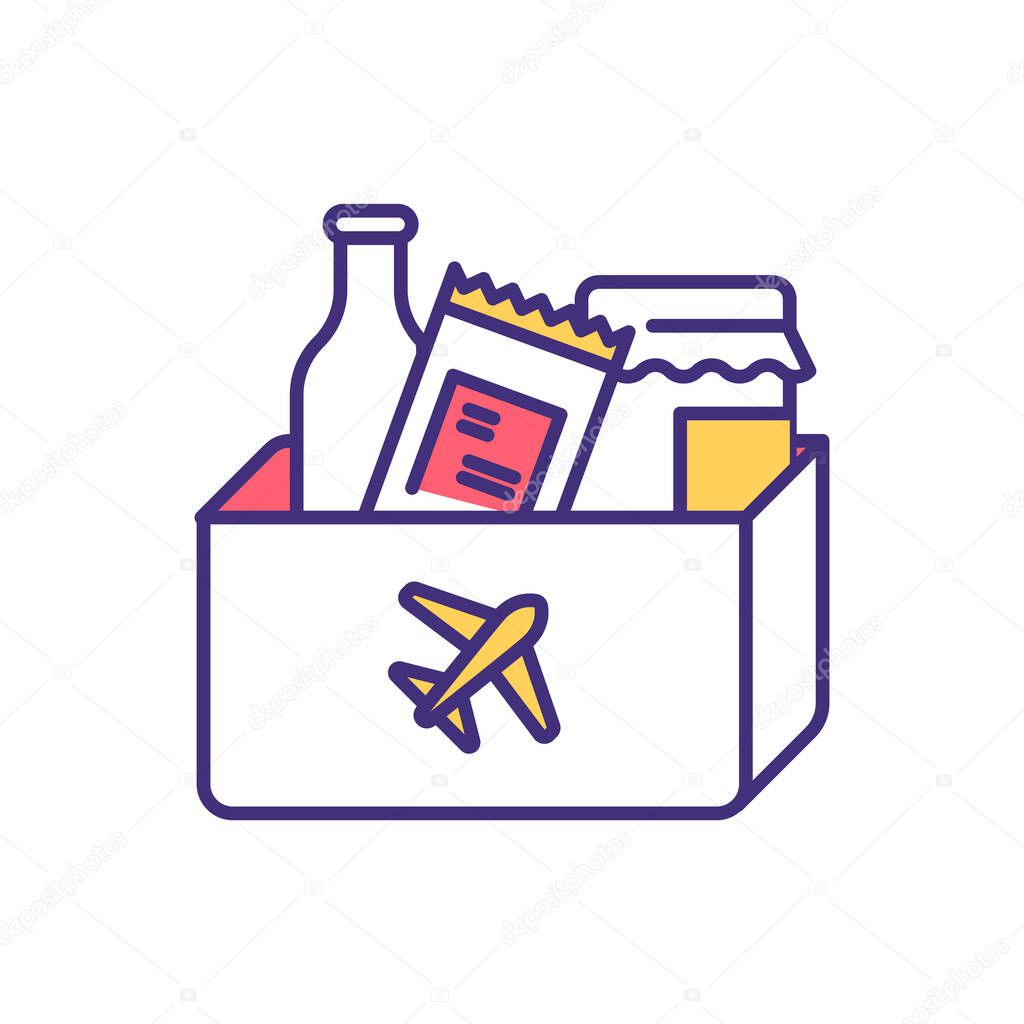 Transporting food by plane RGB color icon. Solid, liquid and gel items. Bringing snacks on airplane. Packing carry-on bag. In-flight meal. Travel with food. Isolated vector illustration