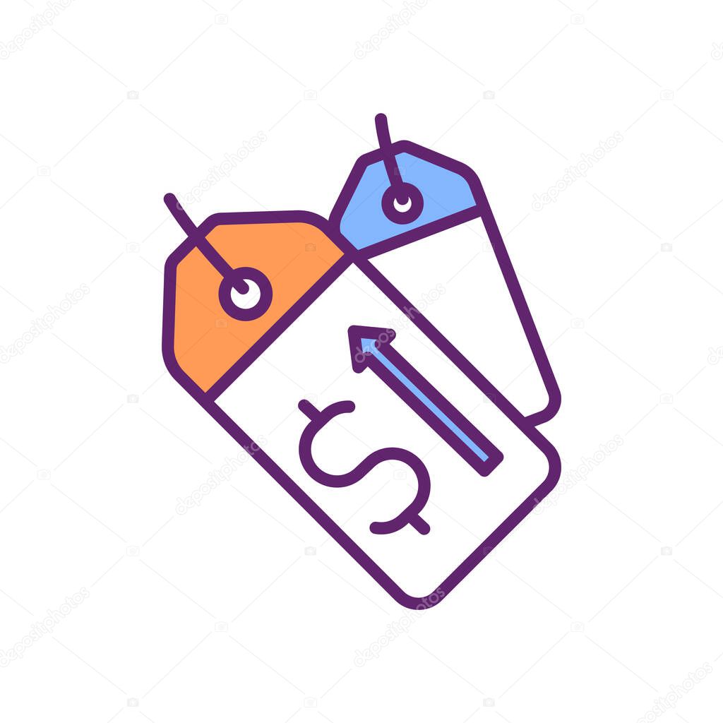 Price surges in market RGB color icon. Speculation. Securities price movements. Demand spikes. Asset value increasing. Surge pricing system. Flexible value for products. Isolated vector illustration
