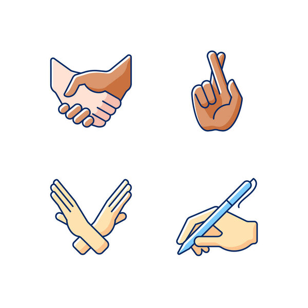 Ручные жесты RGB цвет значки набор. Деловая сделка, рукопожатие. Скрещенные руки и пальцы. Язык тела. Жест. Улучшение способности объяснять. Взаимно выгодная сделка. Изолированные векторные иллюстрации