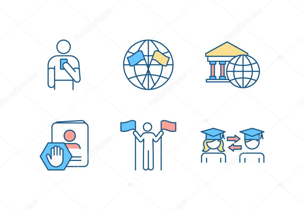 International affairs RGB color icons set. Diplomatic mission. Embassy. Citizenship service. Legal status. Multiple, dual nationality. Student exchange program. Isolated vector illustrations