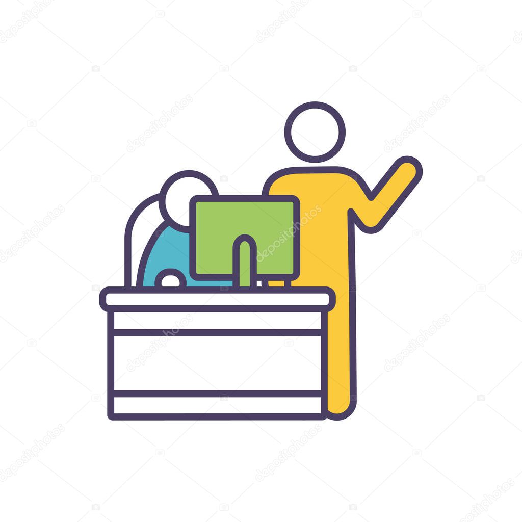 Mentor and mentee in workplace RGB color icon. Career development. Mentoring, coaching. Providing guidance to less-experienced employee. Teaching about responsibilities. Isolated vector illustration