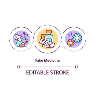 Sahte ilaç konsepti ikonu. Sahte uyuşturucular. Sağlıksız, tehlikeli ilaçlar. Çevrimiçi eczane fikri ince çizgi çizimi. Vektör izole edilmiş RGB renk çizimi. Düzenlenebilir vuruş