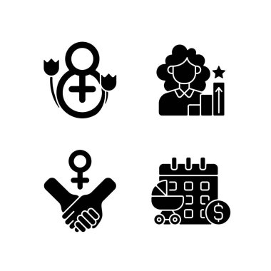 Feminizm siyah kabartma simgeleri beyaz uzaya sabitlendi. Kız gücü. Kadınlar günü. Ücretli doğum izni. Hükümetteki kadınlar. Sosyal adaleti sağlıyorum. Siluet sembolleri. Vektör izole illüstrasyonu