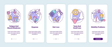 Post-covid sendromu konseptli mobil uygulama sayfası ekranında. Koku ve tat kaybı. 5 adımlık grafik talimatlar. RGB renk resimleriyle UI vektör şablonu