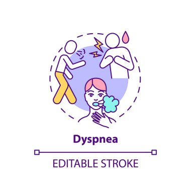 Dispne konsept ikonu. Nefes darlığı, ince çizgi çizimi. Göğüs darlığı. Hastalıktan sonra sonuçlar. Ölüm sonrası sendromu. Vektör izole edilmiş RGB renk çizimi. Düzenlenebilir vuruş