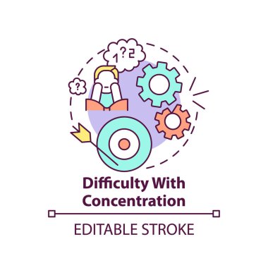 Konsantrasyon konsepti ikonu ile ilgili sorun. Psikolojik problemler ince çizgiler çiziyor. Uyku bozuklukları. Duygusal travma ve stres. Vektör izole edilmiş RGB renk çizimi. Düzenlenebilir vuruş