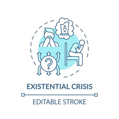 Varoluşsal kriz turkuvaz konsept ikonu. Akıl sağlığı sorunu. Psikolojik terapi. Dini konular ince çizgi çizimi fikri. Vektör izole edilmiş RGB renk çizimi. Düzenlenebilir vuruş