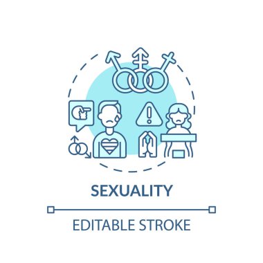 Cinsellik turkuvaz konsept ikonu. LGBTQ insanları ayrımcılık yapıyor. Cinsel yönelim. Dini konular ince çizgi çizimi fikri. Vektör izole edilmiş RGB renk çizimi. Düzenlenebilir vuruş