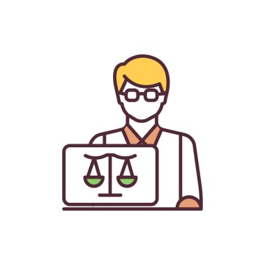Kurum içi danışman RGB renk simgesi. Yasal meseleleri hallediyorum. Dava önleme riskini göze alıyor. Şirket hukuk departmanı. Firmadaki avukat. İş, şirket politikası sorunları. İzole vektör illüstrasyonu