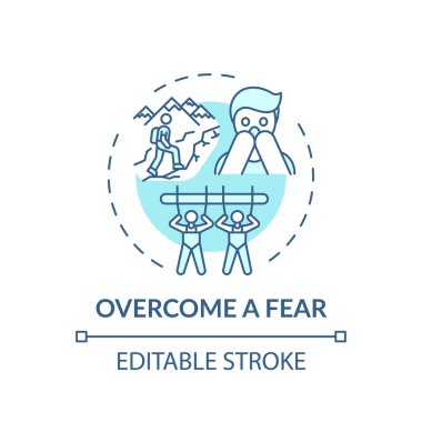 Korku konsepti ikonunun üstesinden gel. Aile bağı ipuçları. Yaşam tarzını geliştirmekten korkuyorsun. Olumlu hayal gücü fikri ince çizgi çizimi. Vektör izole edilmiş RGB renk çizimi. Düzenlenebilir vuruş