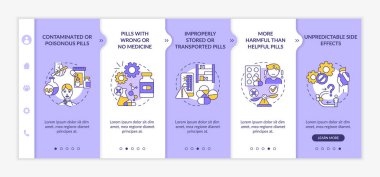 Kayıt dışı eczaneler vektör şablonunda tehdit oluşturuyorlar. Simgeli ilgili mobil web sitesi. Yanlış ya da ilaçsız haplar. Web sayfası basamak ekranları. RGB renk kavramı
