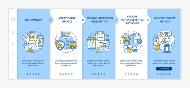Online ilaç siparişi vektör şablonuna geçiyor. Uygulamada imzala. Profilini Oluştur. Simgeli ilgili mobil web sitesi. Web sayfası basamak ekranları. RGB renk kavramı