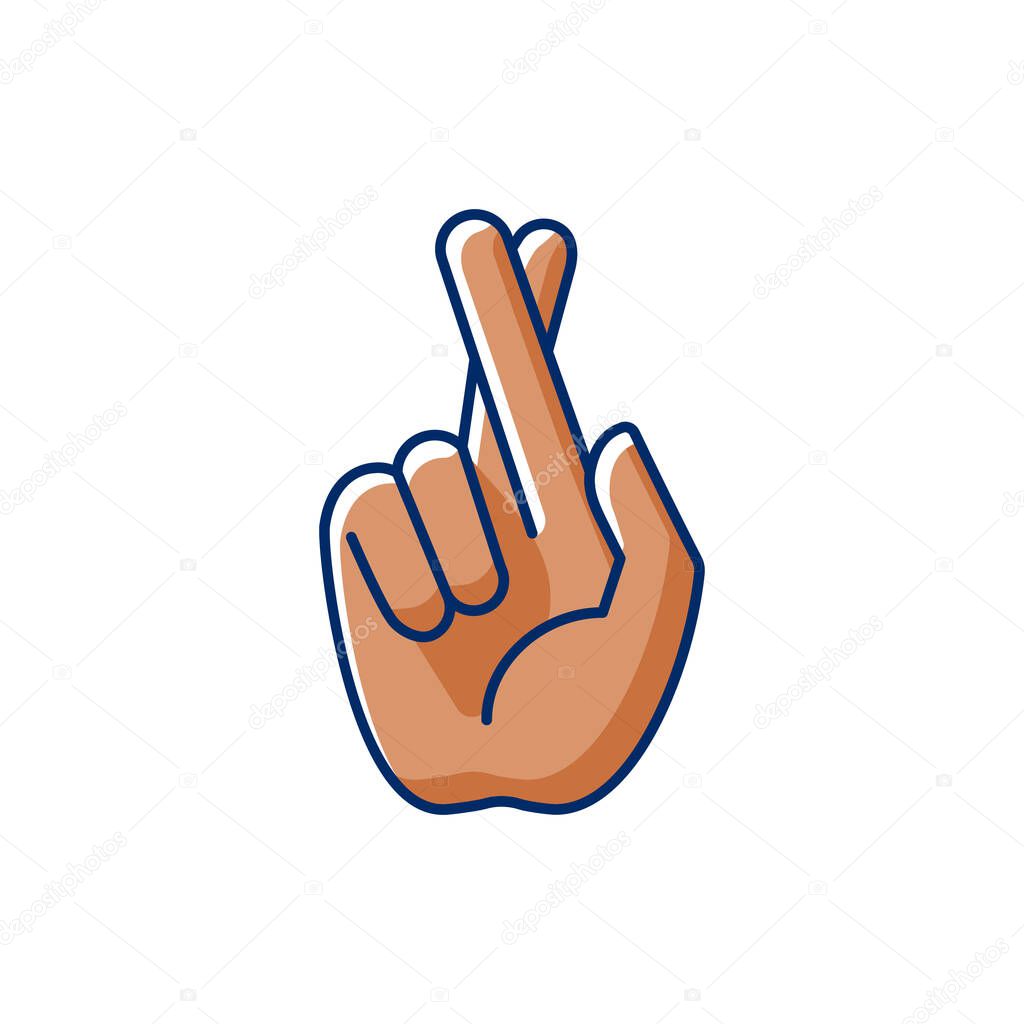 Crossed fingers RGB color icon. Hand gesture used to wish for luck. Images of hands of dark-skinned people. Keep your fingers crossed. Implore God for protection. Isolated vector illustration
