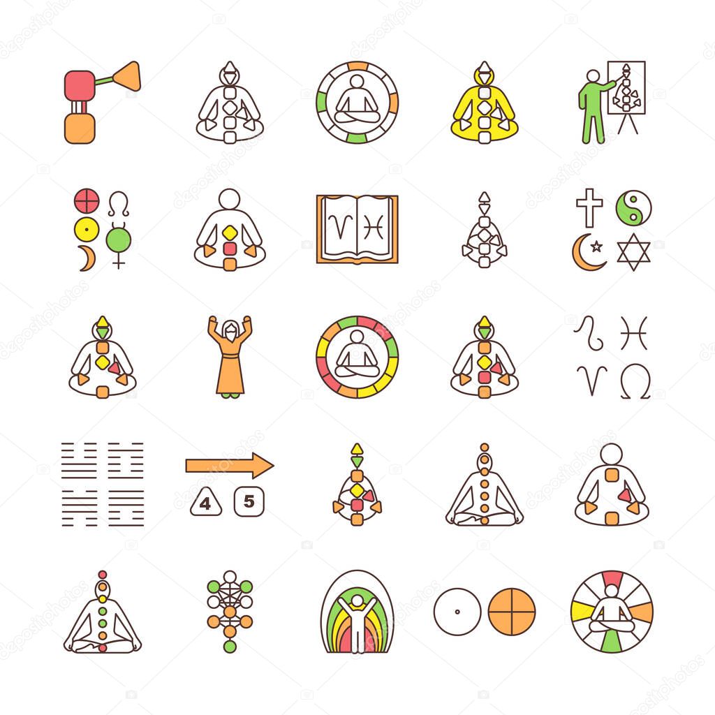 Human design RGB color icons set. Bodygraph chart explanation. Aura. Reflector, generator, projector, manifestor. Zodiac signs. Energy centers in body. In-body chakras. Isolated vector illustrations
