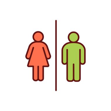 Tuvalet erişimi RGB renk simgesi. Kadınlar ve erkekler için umumi tuvaletler. Eşleşen cinsiyet kimliği. Halka açık. Erkek ve kadın tuvaletleri. Cinsiyetler arasındaki farklar. Cinsiyet farkı. İzole vektör illüstrasyonu